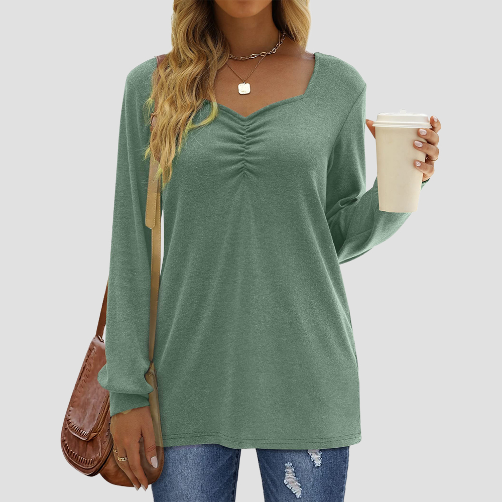 Womens Long Sleeve Pleated Tunic Tops Ladies Casual Loose T-Shirt Tee  Pullover