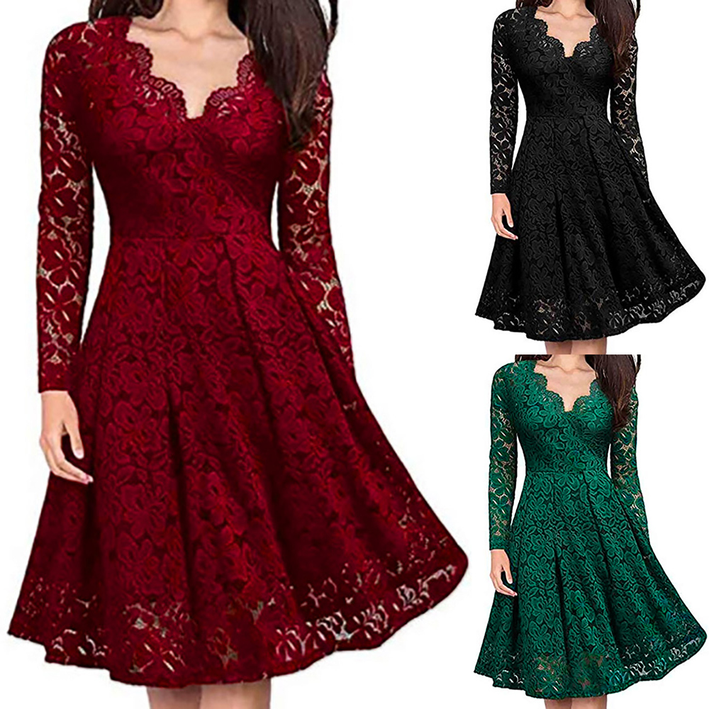 Women Floral Sequin Mini Dress Ladies Long Sleeve Christmas Party Swing  Dresses 