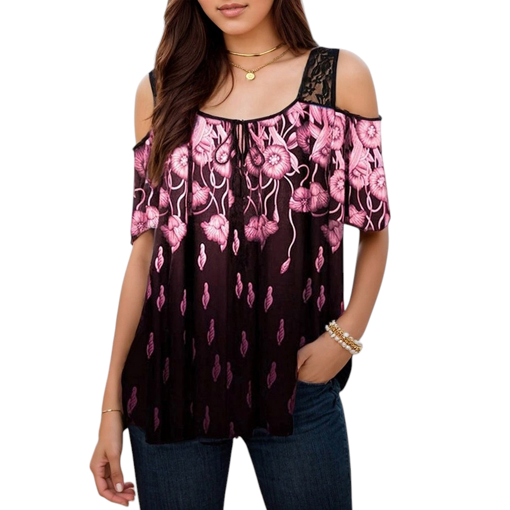 Plus Size Womens V-Neck Floral Tunic Tops Ladies Lace Cold Shouder