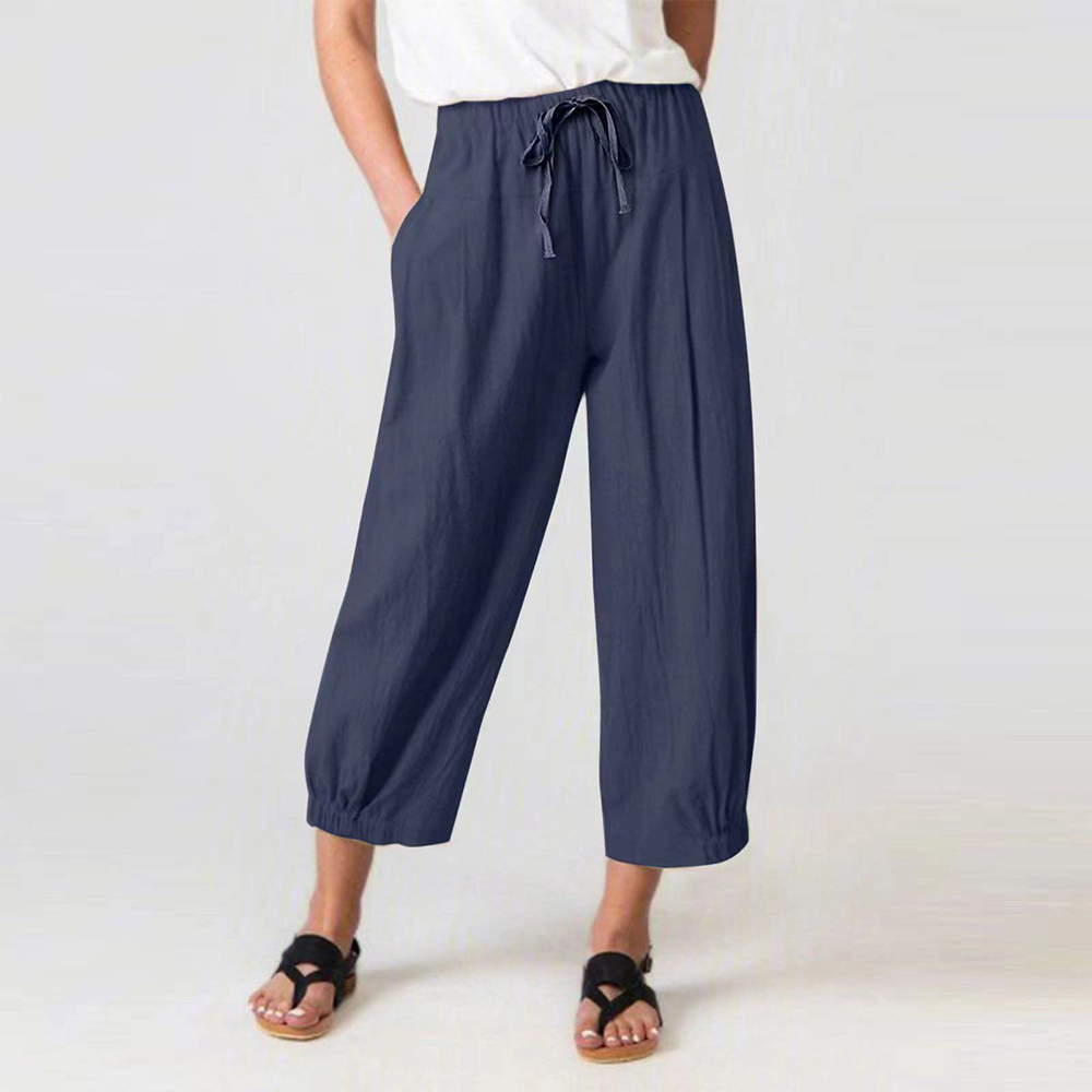 Womens Cotton Linen Drawstring Long Pants Lady Casual Loose Solid Pocket  Trouser
