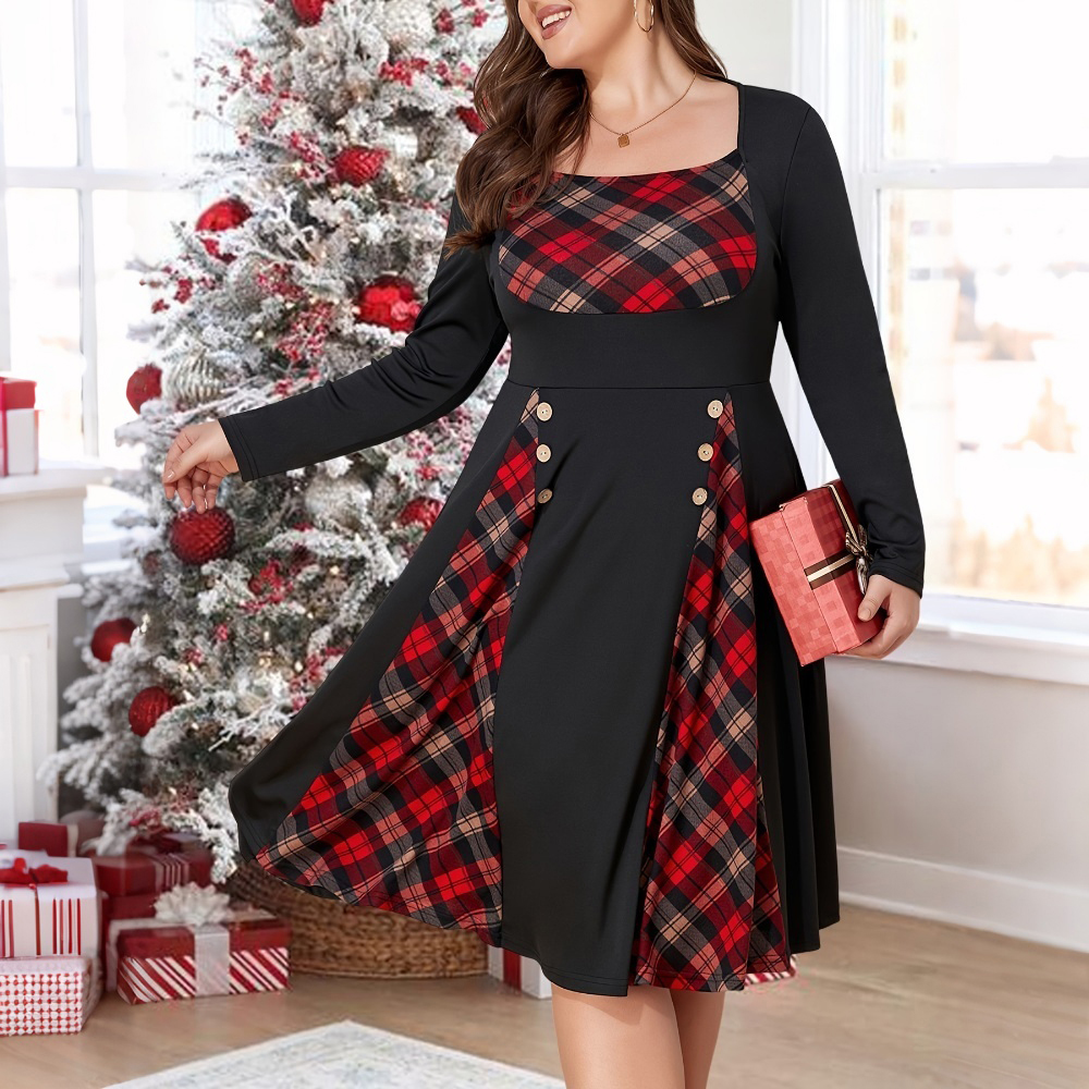 Plus Size Christmas Women Plaid Check A-Line Dress Party Cocktail