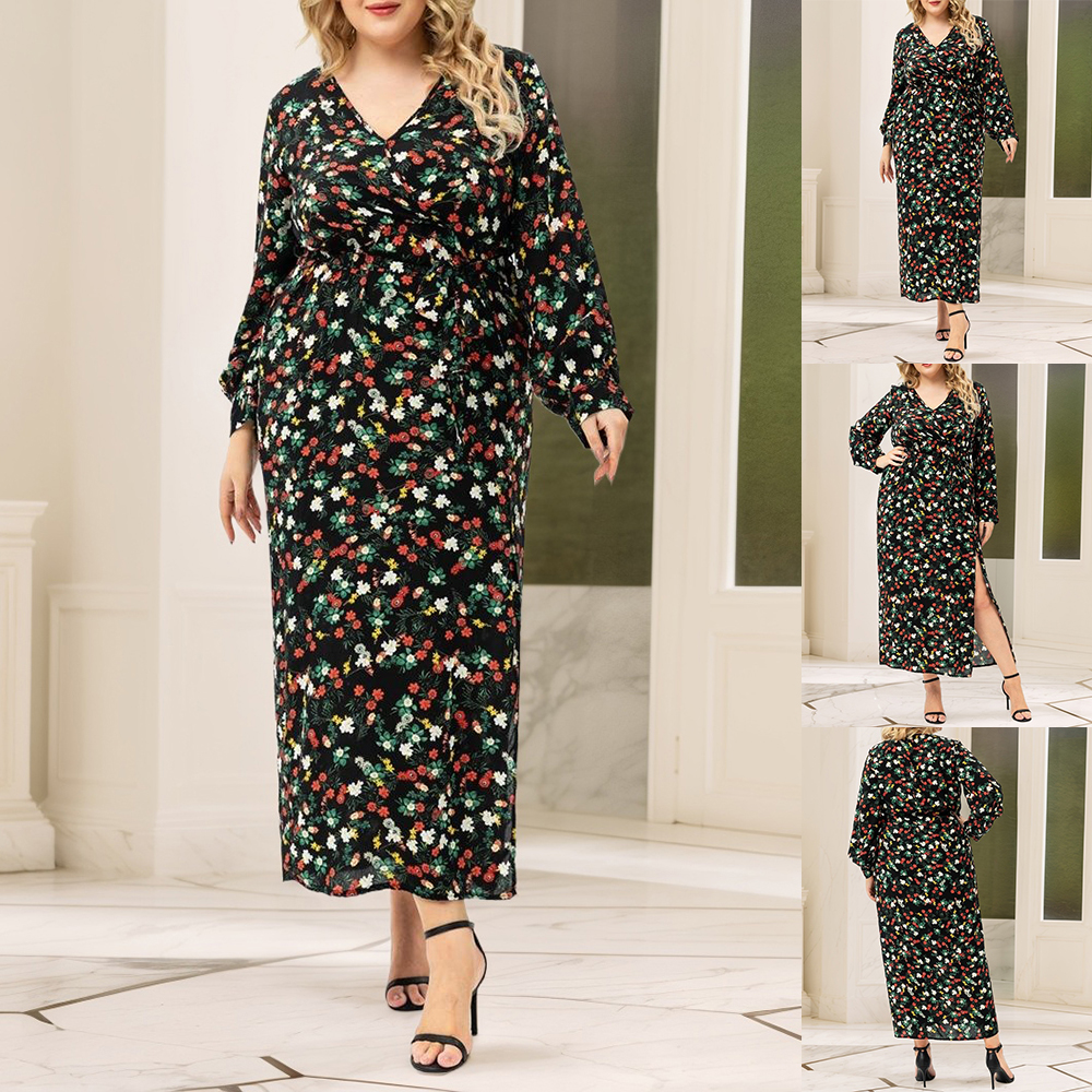 Plus Size Womens Long Sleeve Maxi Dresses Floral V Neck Holiday Beach  Dresses | eBay