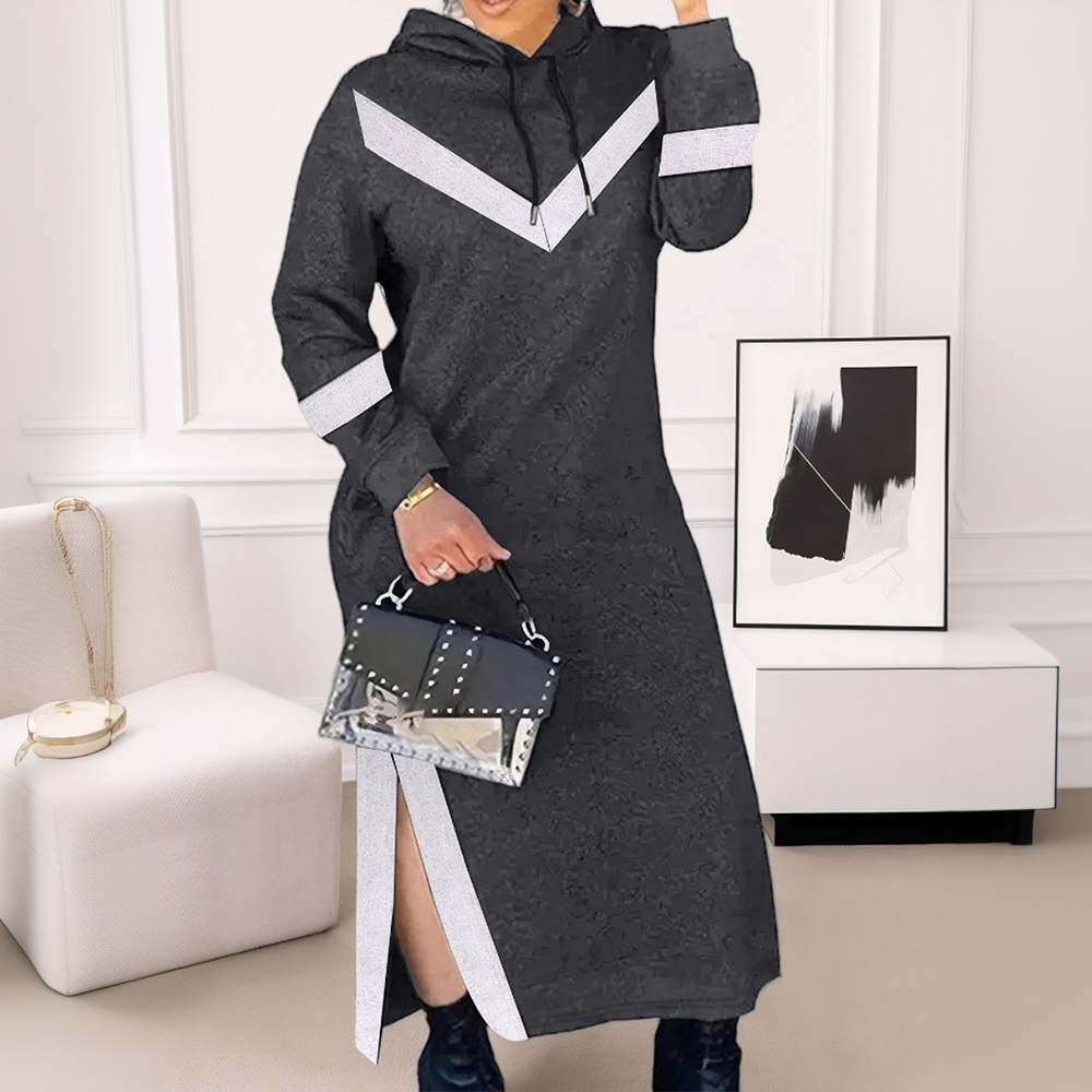 Womens Hooded Split Sweatshirt Dress Long Sleeve Loose Pullover Jumper Dresses