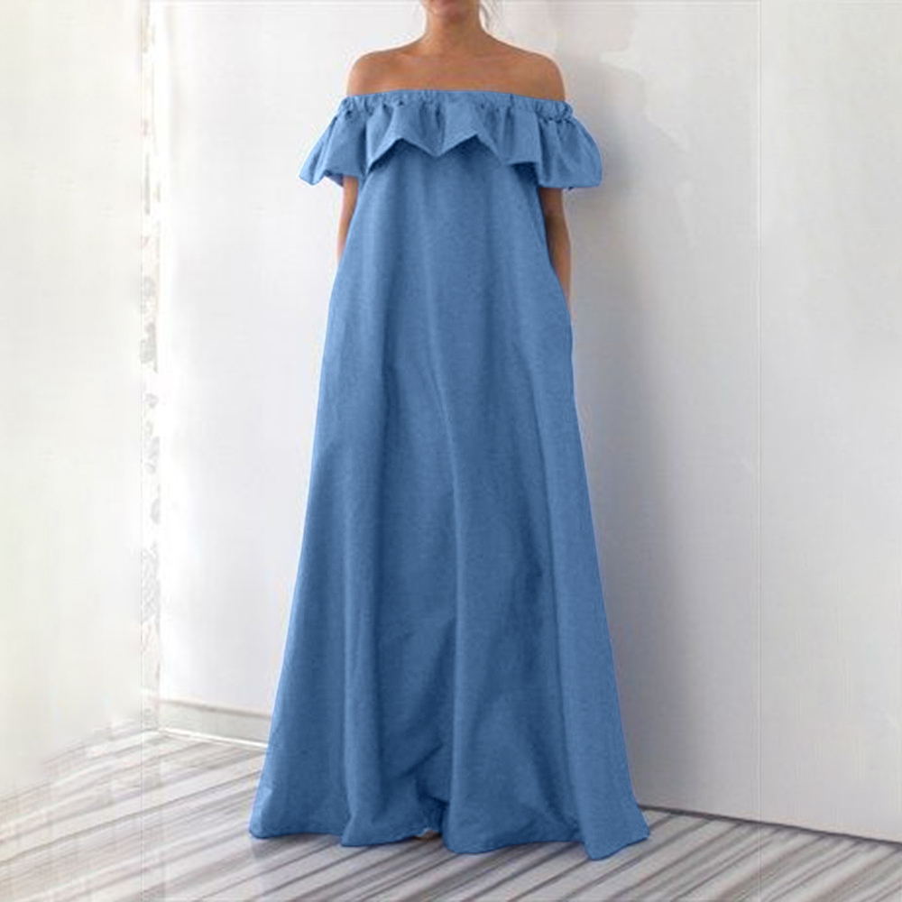 denim off the shoulder maxi dress Women Denim Off Shoulder Summer Ruffle Maxi Long Dress Holiday Beach  Sundress