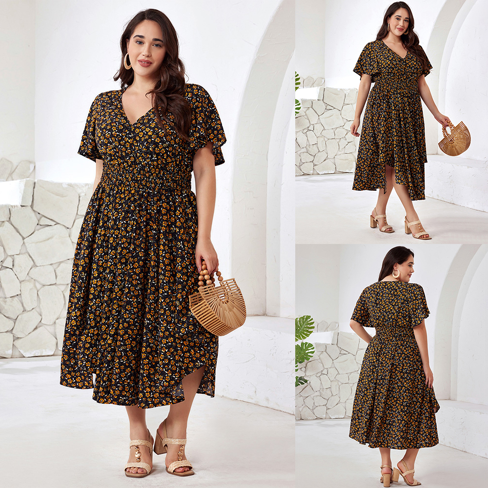 Floral Plus Size Women V-Neck Butterfly Sleeve Midi Dress Holiday