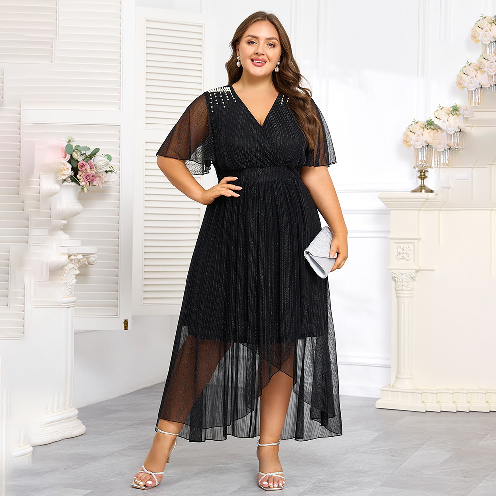 plus size high low formal dresses with sleeves Long Pleated Plus-Size Formal Dress with Long Sleeves Rose Gold / 22 main image 1