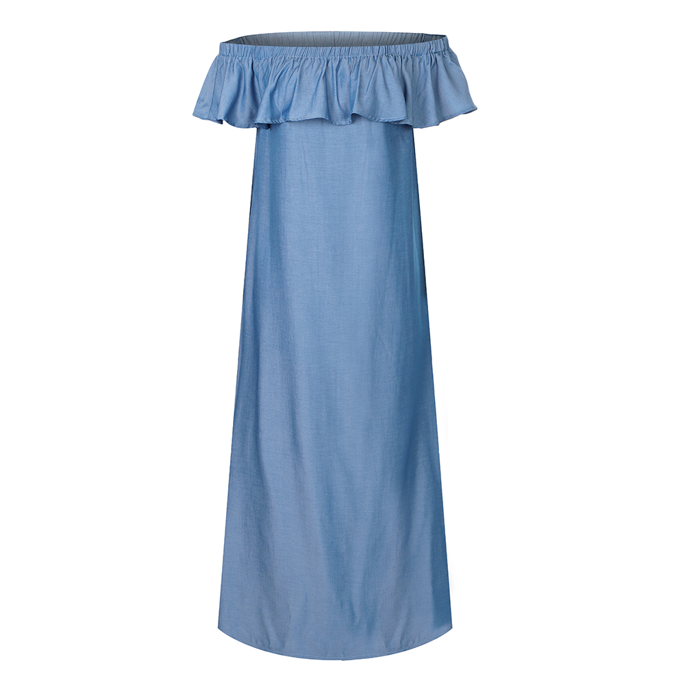 denim off the shoulder maxi dress Laylie Medium Wash Denim Off Shoulder Maxi Dress