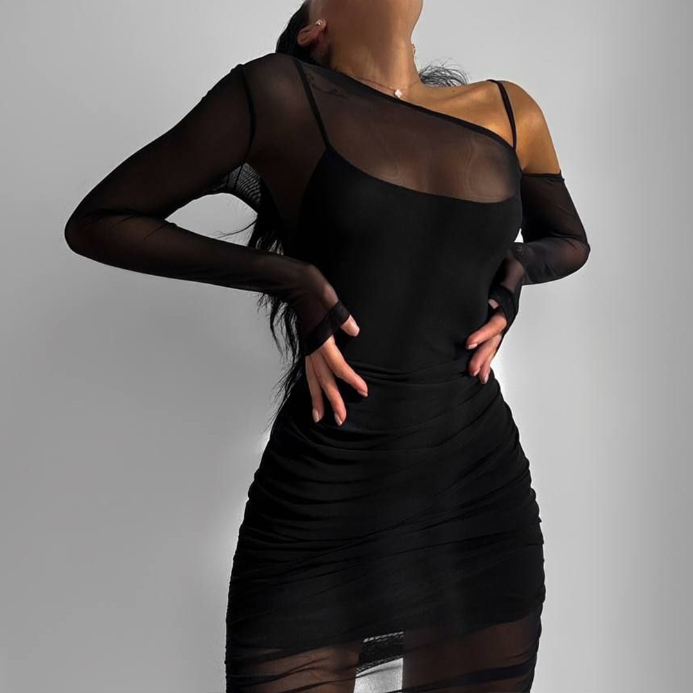 black long sleeve mesh dress Sheer Panel Maxi In | EGO US This sultry dress will have heads turning all evening thanks to its sheer mesh fabrication that shapes long fitted sleeves and a crew neckline SPIRAL Long Sleeve Dress |