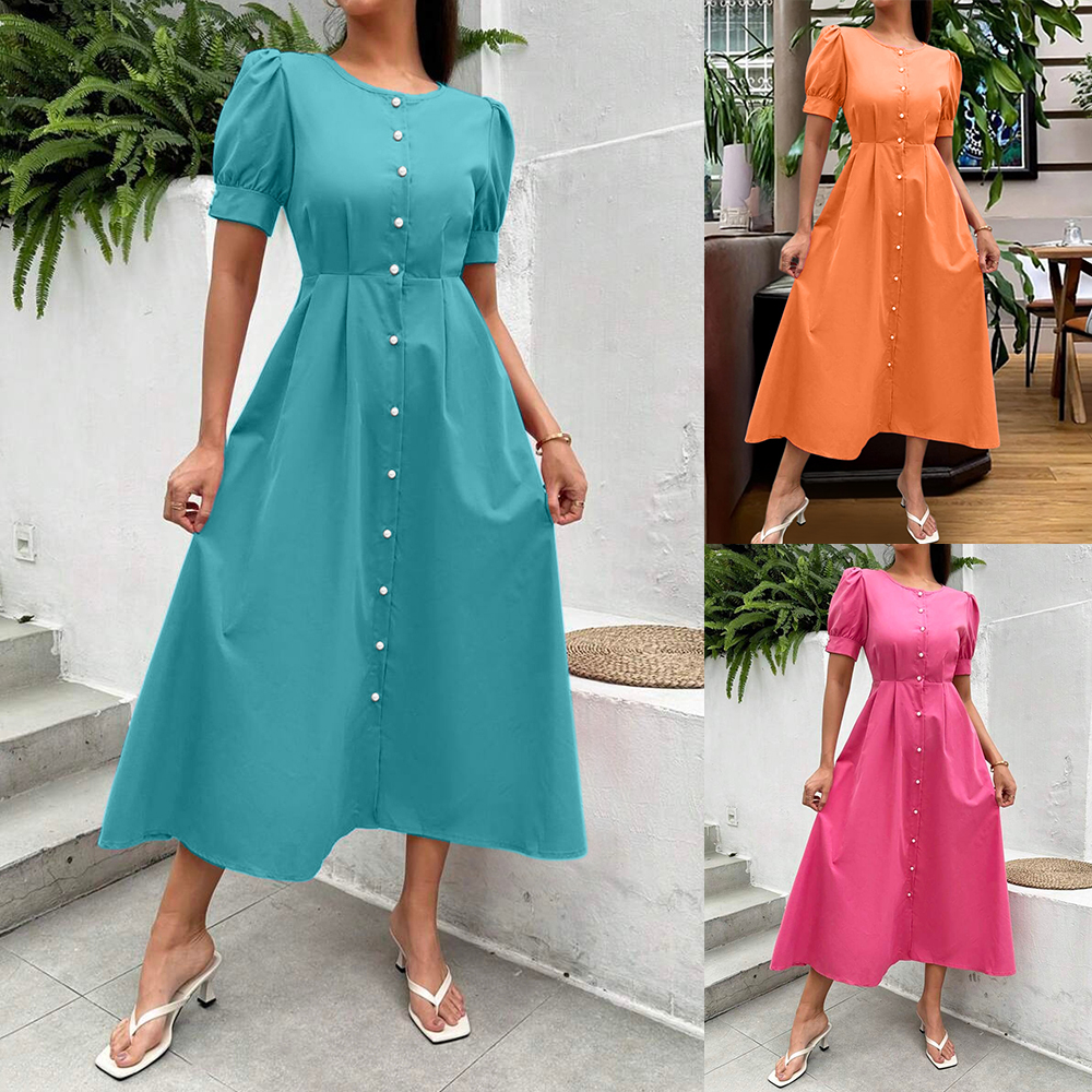 holiday dress shirt women Solid Short Sleeve Button Round Neck Beach Dresses Arabic dress for women
