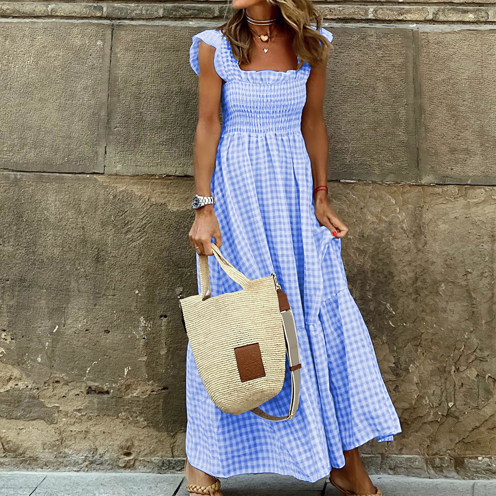 Women Sleeveless Square Neck Check Long Maxi Dress Ladies Holiday Beach Dresses | eBay Women Sleeveless Square Neck Check Long Maxi Dress Ladies Holiday Beach Dresses | eBay