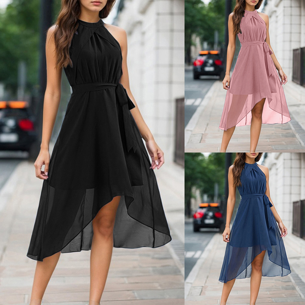 Women Sleeveless Chiffon Halter Elegant Skater Dress Holiday Beach
